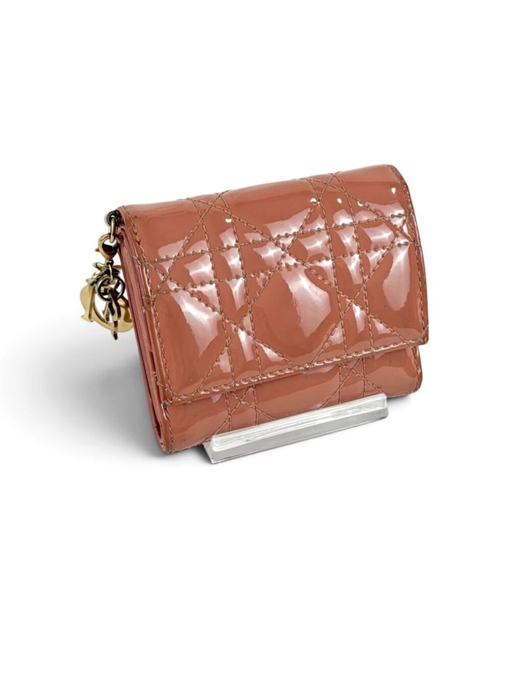 Dior Lady Lotus Wallet Trifold Cannage Patent Calfskin Charm